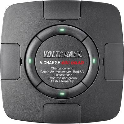 'Voltcraft V-Charge ECO Quad' charger with four charging status lights in green and red. Display for charging current and error status.