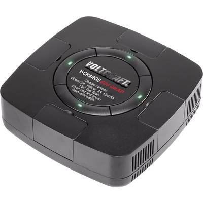 'Black charger with LED status indicators. Inscription: Voltcraft V-Charge Eco 4A4, suitable for 2–4 cell NiMH/NiCd batteries.'