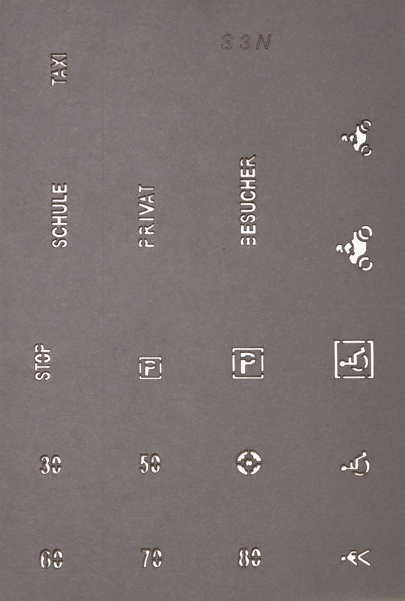 The image shows a sign with parking zones for 'School', 'Taxi', 'Private', 'Visitors', and symbols for different traffic regulations.