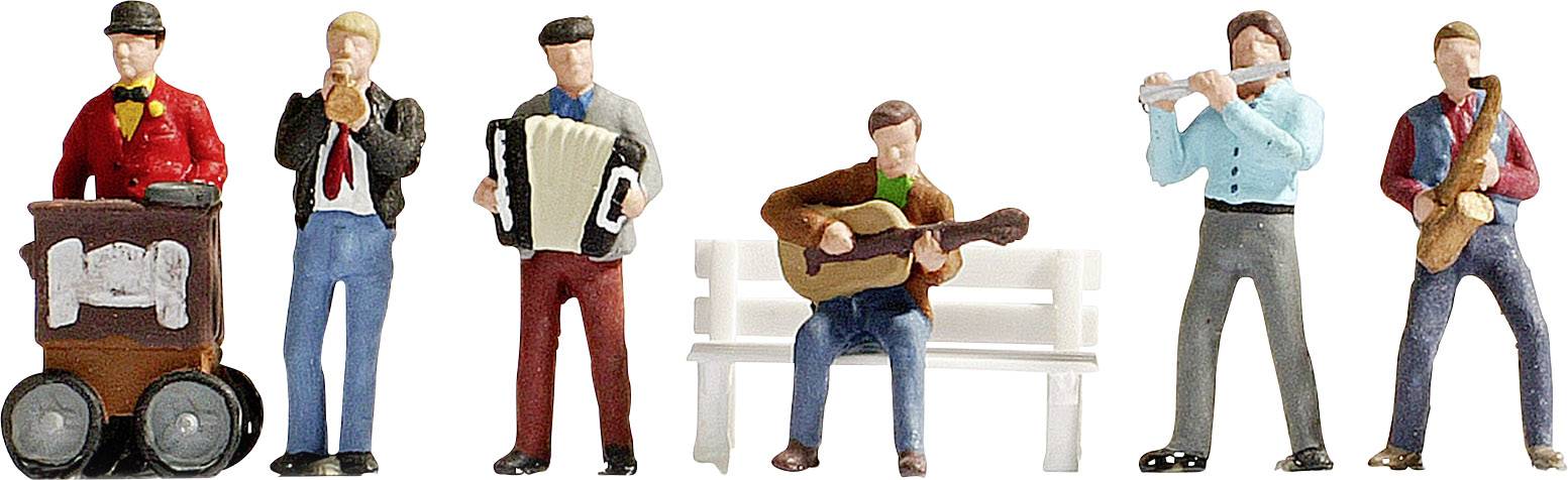 Six miniature figures: An orchestrion player, a trumpeter, an accordion player, a guitarist sitting, a flautist and a saxophonist.