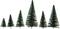 Six green pine trees in a row, increasing in size from left to right.