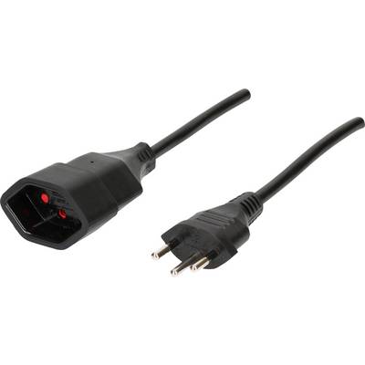 Black network cable with an IEC plug on the left and a Schuko plug on the right. Suitable for European electronic devices.