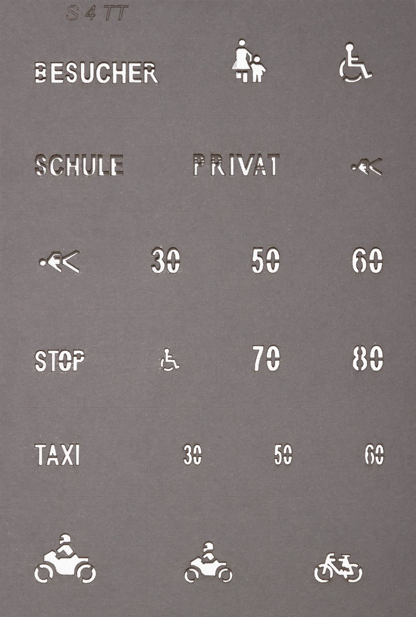 Grey template with symbols and text: 'Visitors', 'School', 'Private', speed limits '30', '50', '70', '80', '90', wheelchair user and motorcyclist.