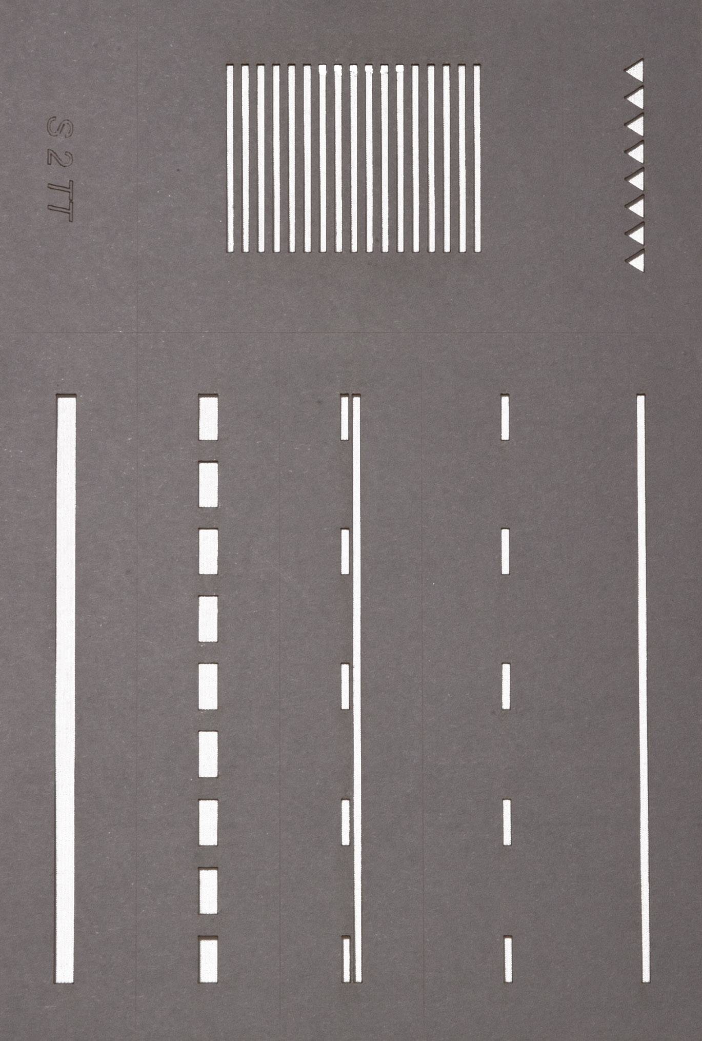 Various road markings on a grey background: solid, dashed lines and triangles; example signs for road traffic.