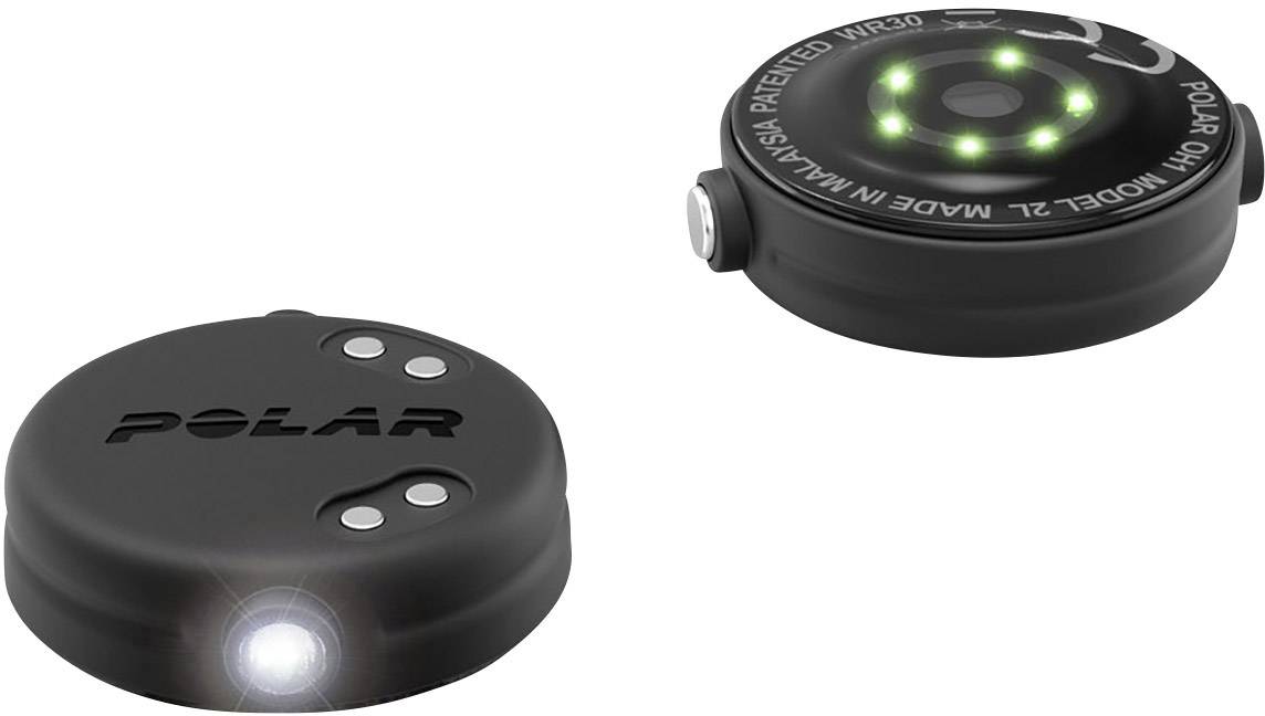 Two black polar sensors. One displays the logo and LEDs, the other illuminates with a small white LED on the front.