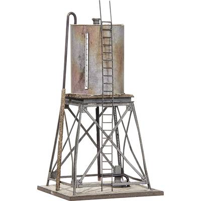 Water tower with a rusty, cylindrical structure on a metal framework, ladder on the side. Used for water supply at an elevated level.