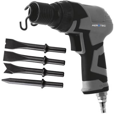 Pneumatic chisel with ergonomic handle and four interchangeable chiselling attachments, ideal for construction and renovation work.
