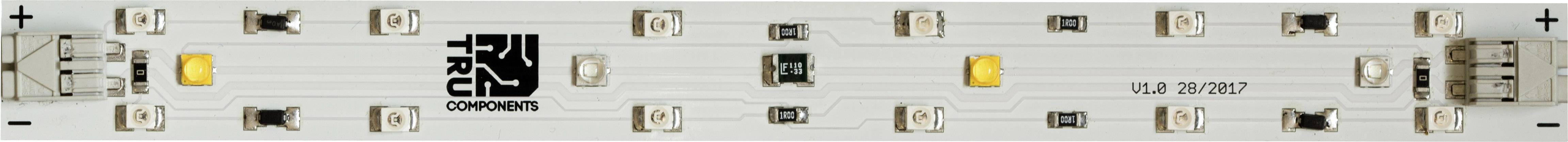 LED strip with multiple LEDs and electronic components on a circuit board, logo and serial number visible, no further details.