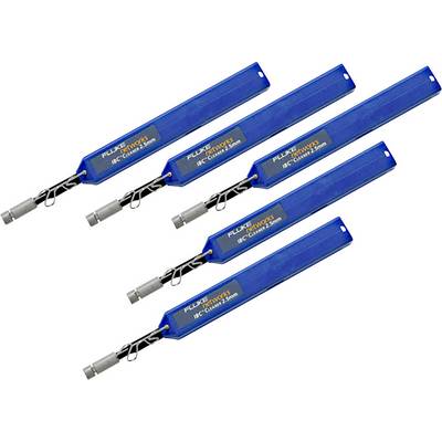 Five blue Fluke Networks tools for cleaning LC glass fibre connectors, each with a cap and wire winding, arranged diagonally.