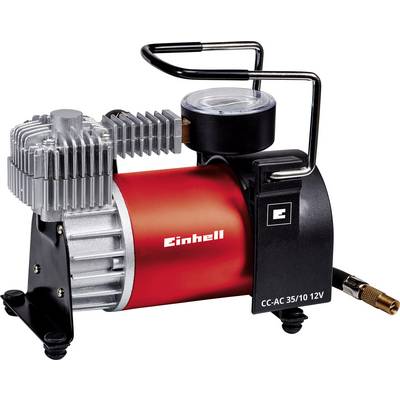 A red and black electric air compressor with a pressure gauge, brand shown is Einhell.
