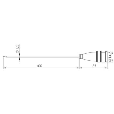 Technical drawing of a probe with total length of 137 mm. Diameter of the tip: 1.5 mm, of the handle: 14.5 mm. Length of the needle: 100 mm.