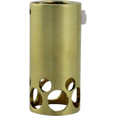 Brass-coloured cylindrical object with circular cut-outs at the lower edge.