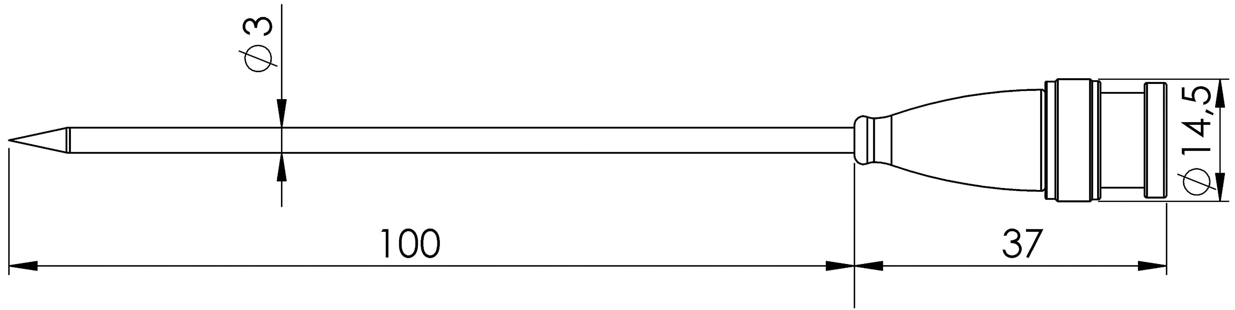 Technical drawing of a pen with dimensions: Total length 137 mm, needle diameter 3 mm, head width 14.5 mm.