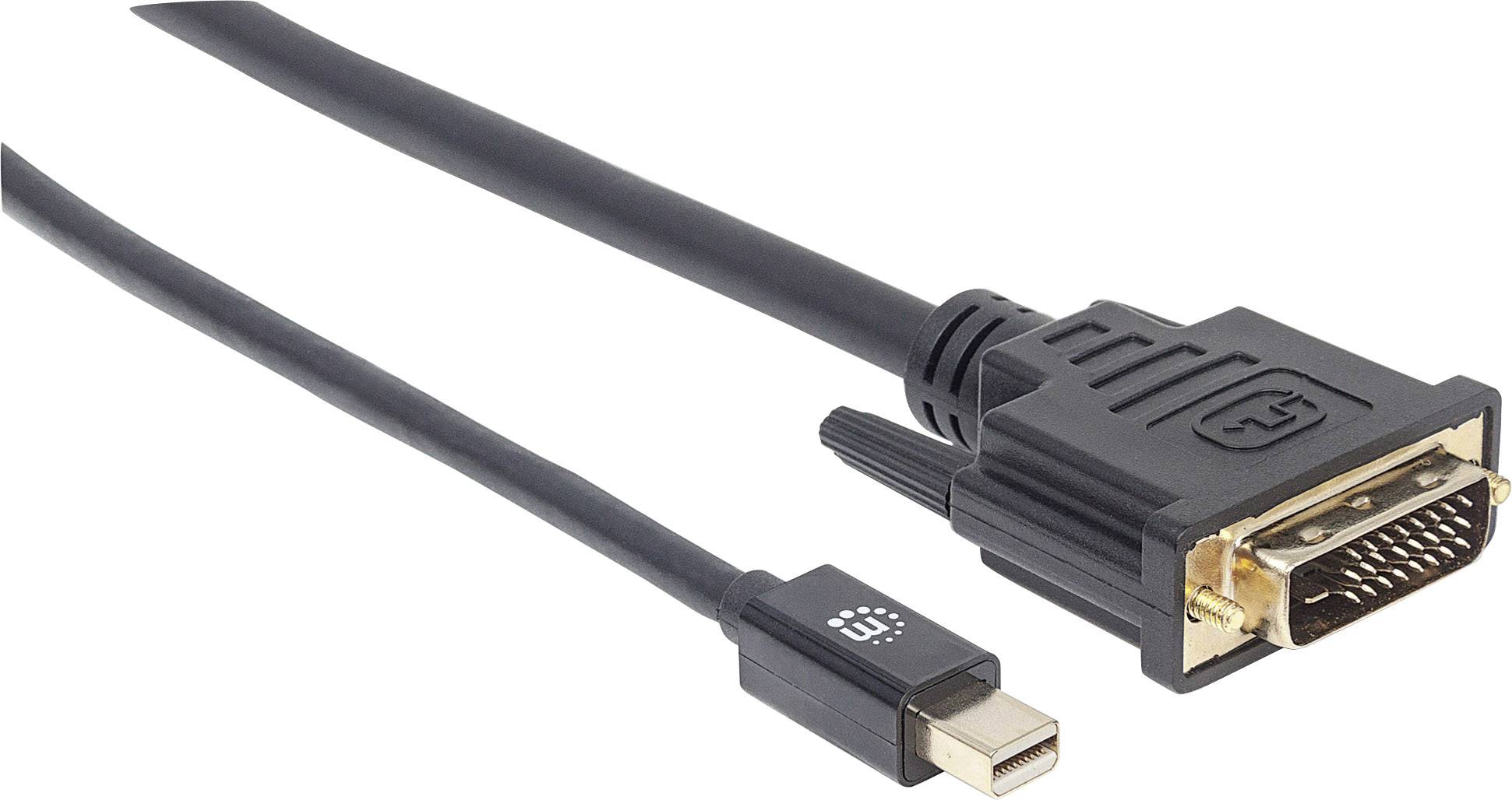 Black cable with Mini DisplayPort plug on the left and DVI plug on the right. Cable is used to connect computers with monitors.