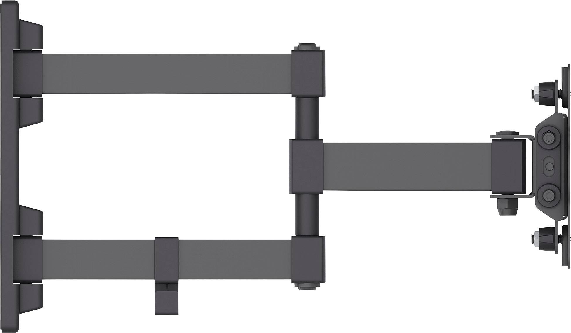 Black, swivel TV wall mount with multiple joints, enables flexible positioning of the screen on the wall.