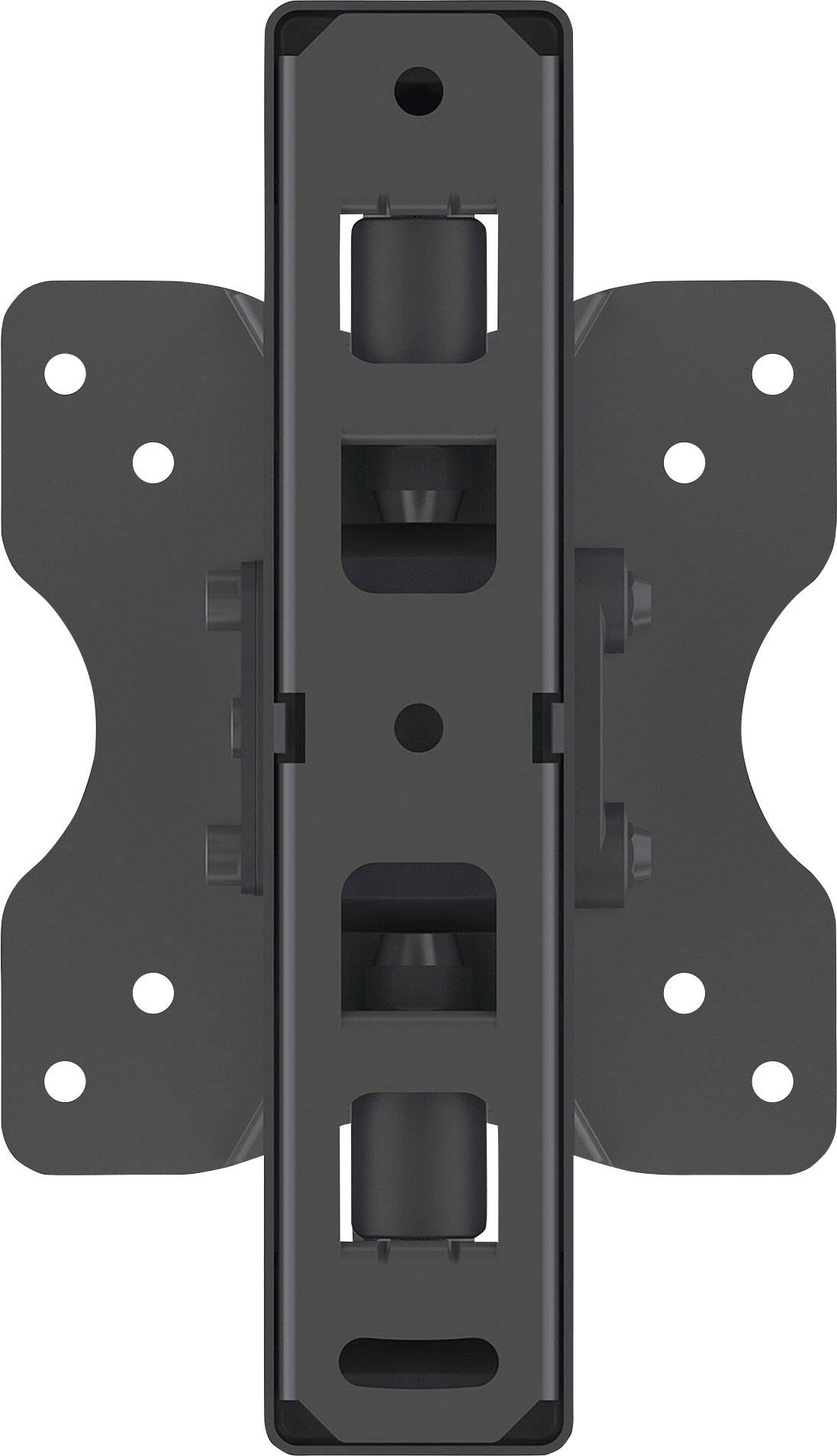 A black TV wall mount, vertically positioned, with multiple fixing holes and arms for aligning the television.