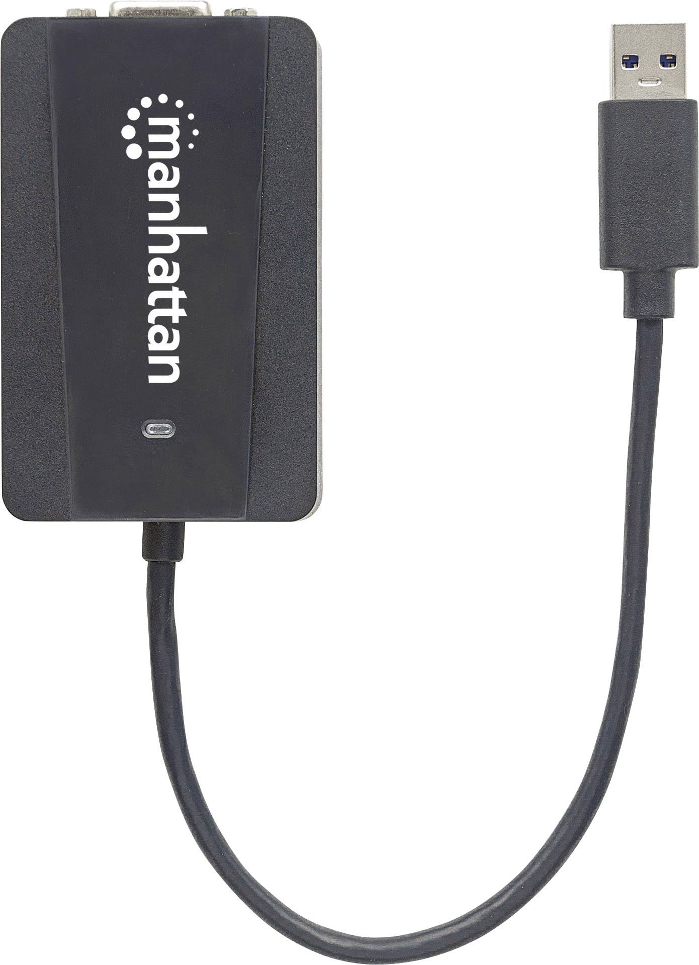 A black USB cable with an adapter bearing the 'Manhattan' logo. The adapter converts USB to another interface.