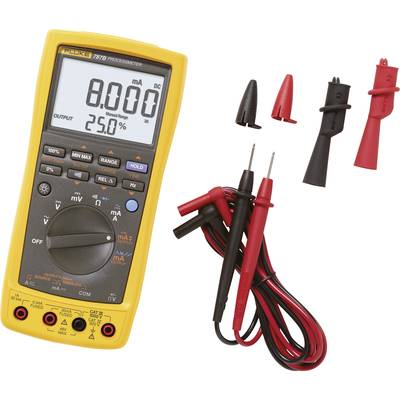 Digital multimeter with a yellow casing, displaying '8.00 mA'. Includes test probes and clips. Used for measuring electricity.