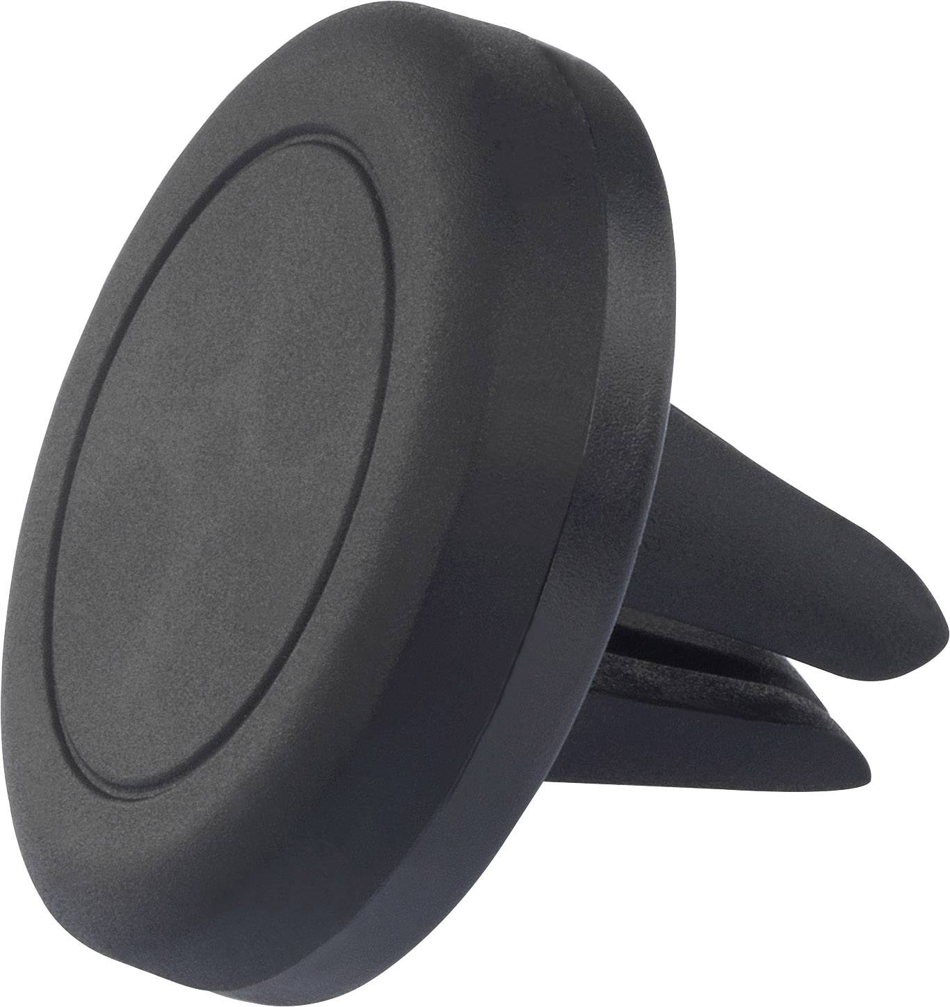 A black, round magnetic mobile phone holder for the car, designed to be inserted into the air vent, shown from a side perspective.