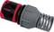A red and black garden hose quick connector with a grey hose attachment, with an arrow indicating the connection direction.