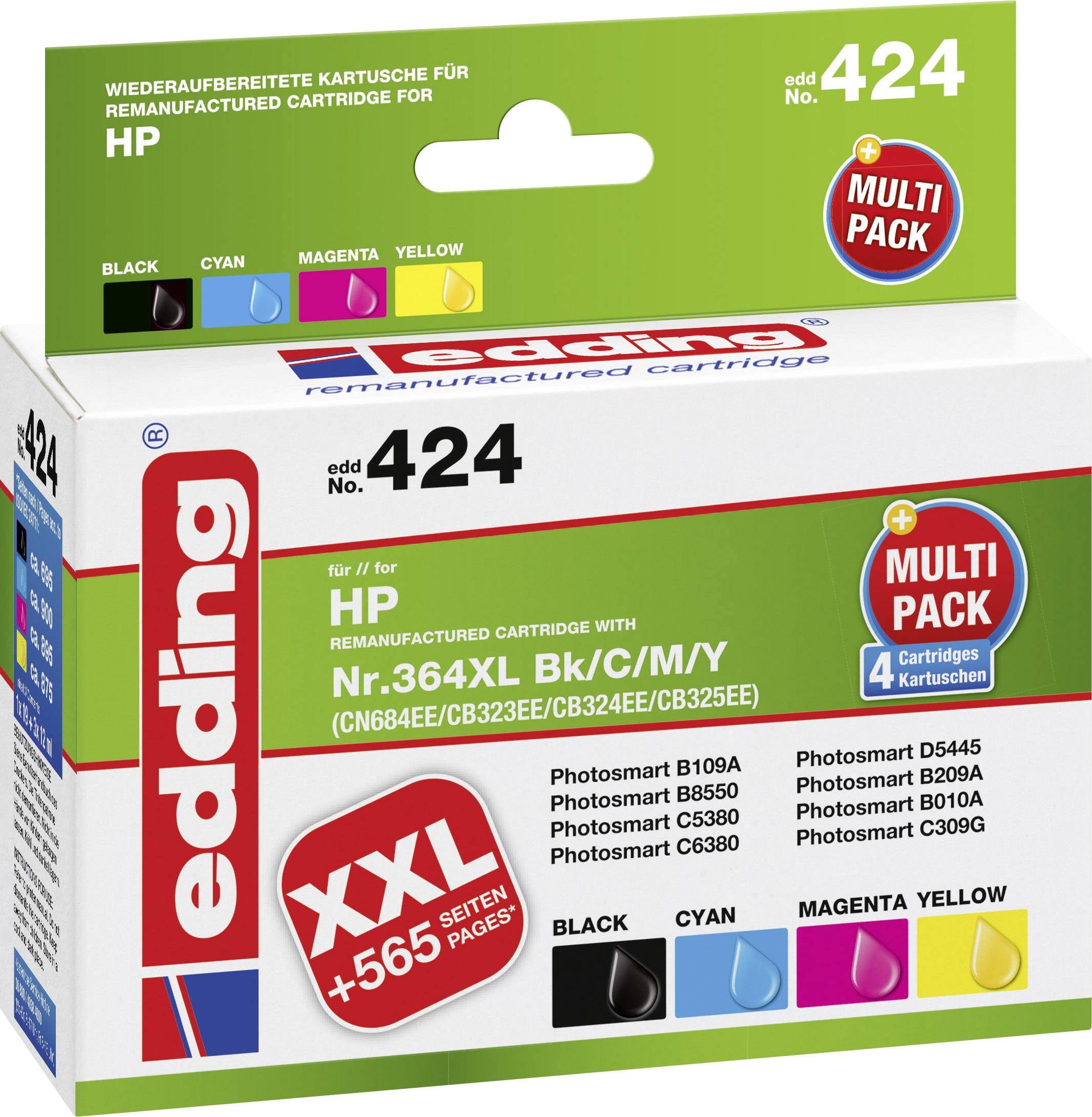 Edding Ink cartridge replaced HP 364XL, N9J74AE, CN684AE, CB323EE, CB324EE, CB325EE Compatible Set Black, Cyan, Magenta, Yellow EDD-424 EDD-424