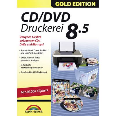 CD/DVD Printing Software 'Version 8.5 Gold Edition'. Functions: Cover creation, Cliparts, Direct printing onto CD/DVD. Includes 25,000 Cliparts.