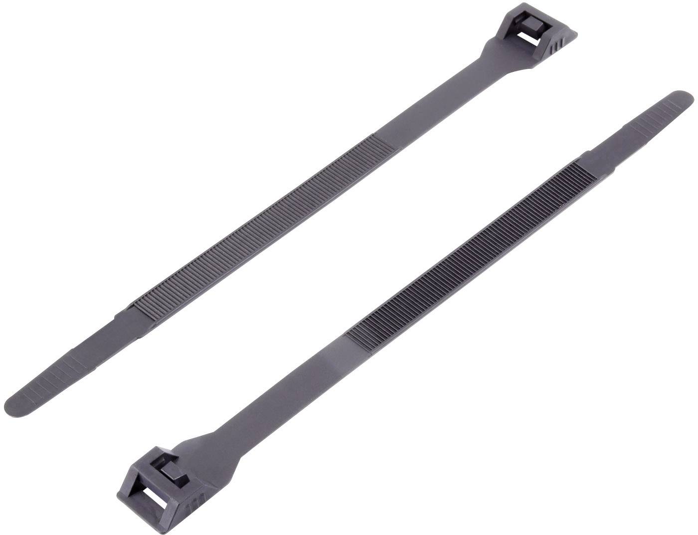 Two black cable ties side by side on a white background, ready to be used for bundling cables or objects.