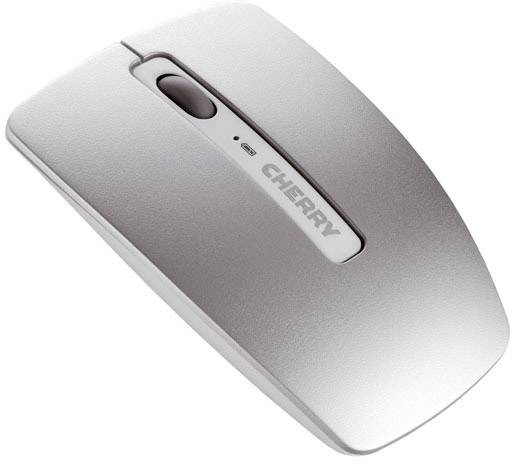Silver, wireless computer mouse with a scroll wheel and the word 'CHERRY' printed on the surface.