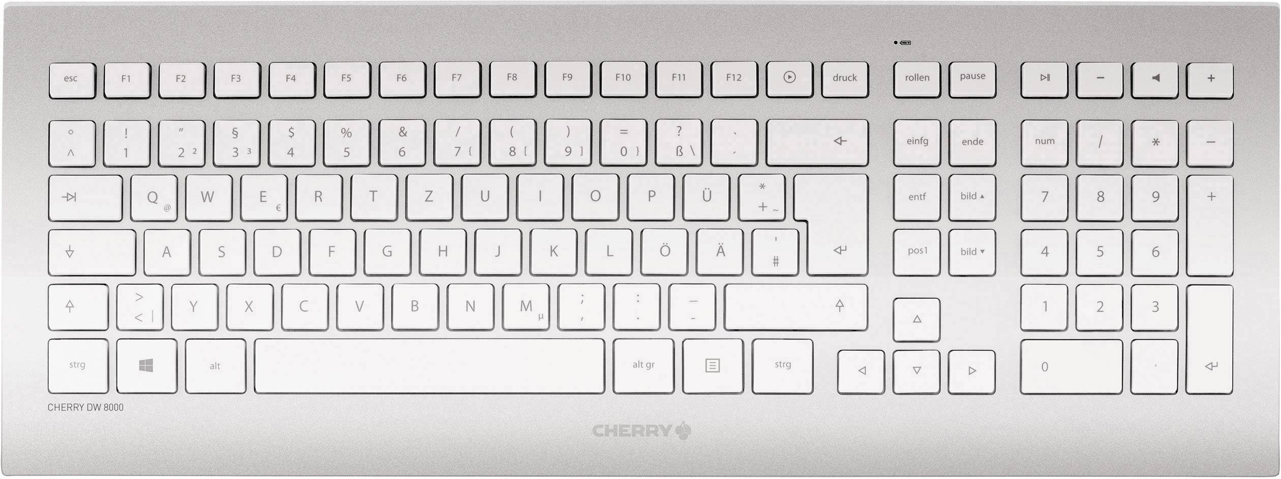 A white computer keyboard with a German QWERTZ layout, including a function key row and numeric keypad on the right.