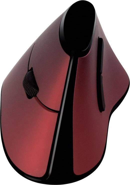 Red, ergonomic vertical computer mouse with black scroll wheel and two buttons, designed to reduce hand strain.