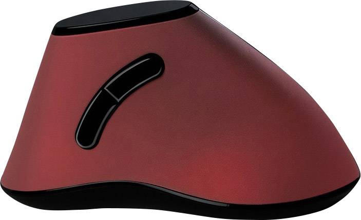 Red ergonomic vertical mouse with two visible buttons, designed to reduce wrist strain during computer work.
