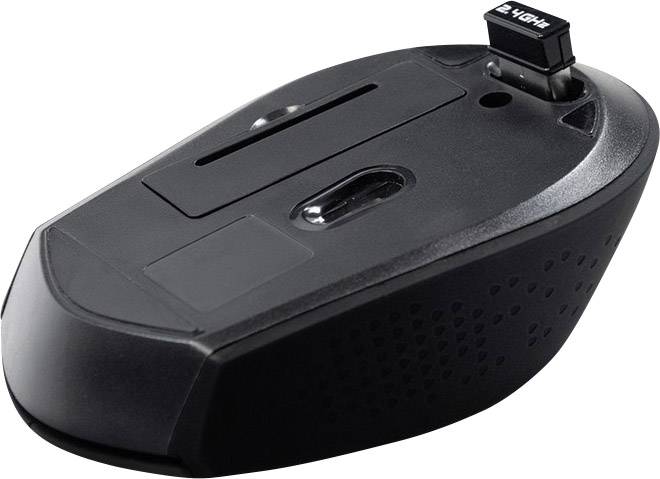 Wireless computer mouse in black, viewed from underneath, showing battery compartment and optical sensor.