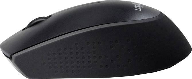 A black wireless computer mouse, side view, with a scroll wheel and a matte surface finish.