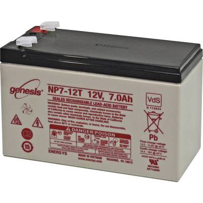 A sealed, rechargeable lead-acid battery with the marking 'NP7-12T 12V, 7.0Ah'. Contains warning notices and symbology.
