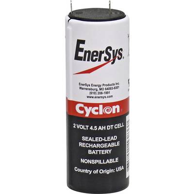 Cylindrical battery with 'EnerSys Cyclon' inscription. Specifications: 2 Volts, 4.5 Ah, rechargeable, leak-proof, manufactured in the USA.
