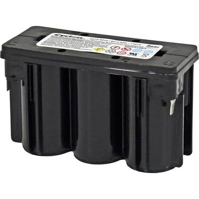 Black plastic battery with a label on top displaying instructions, warning notices, and certified symbols.