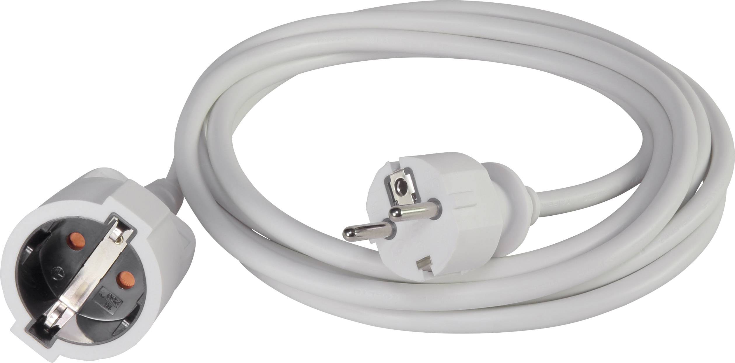 A white extension lead with a Schuko plug and a Schuko socket for connecting electrical appliances.