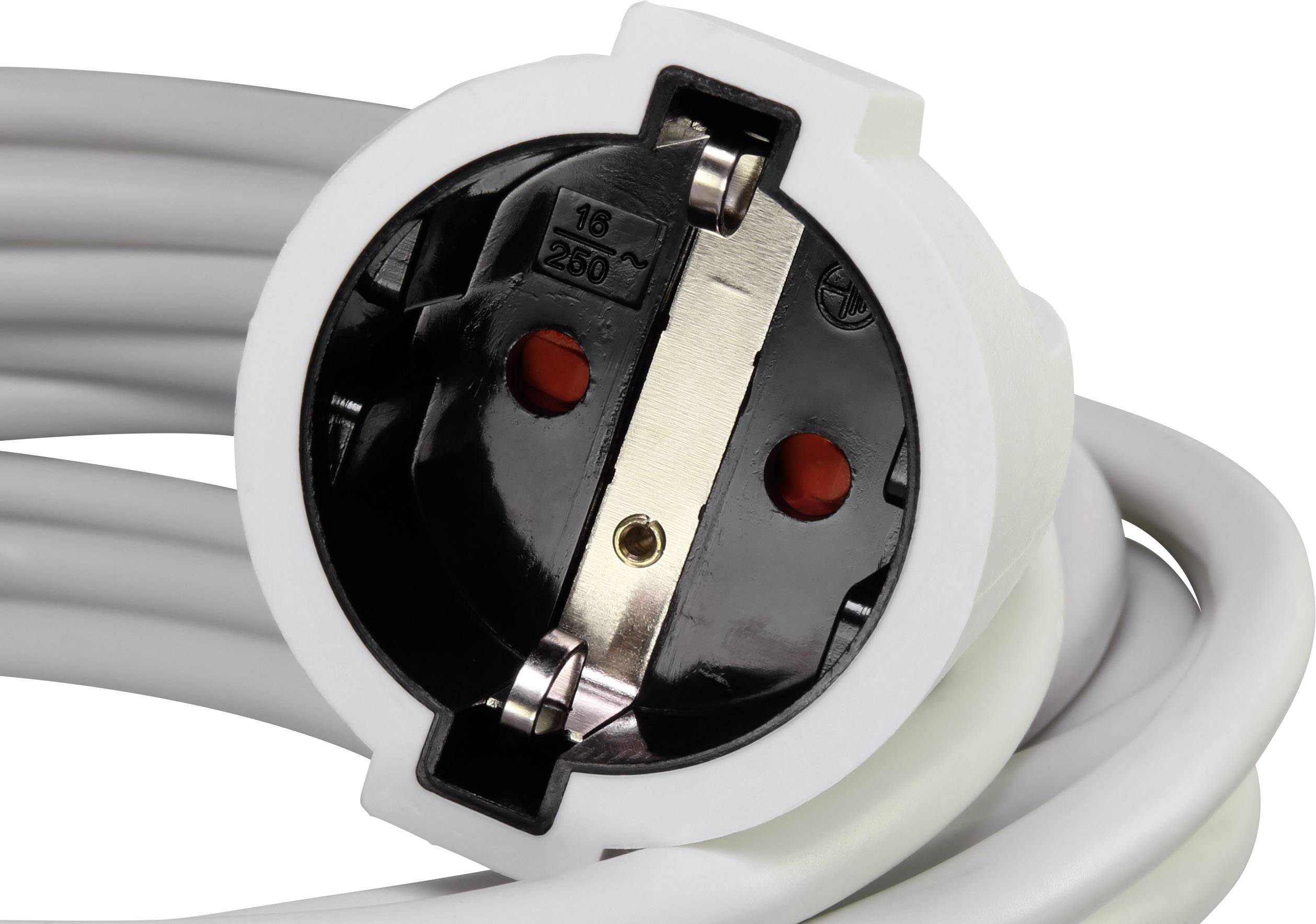 Close-up of a European CEE 7/7 Schuko plug with a white cable, commonly used for electrical devices in Europe.