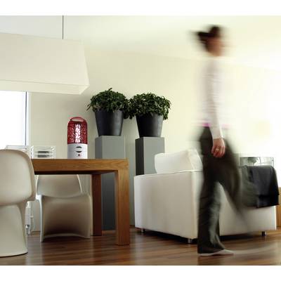 A person walks past a modernly furnished room with a wooden table and white chairs; plants on pedestals are visible in the background.