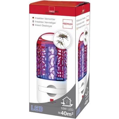 Packaging for an LED insect killer, model for 40m². Displays a device and a fly to illustrate its function.