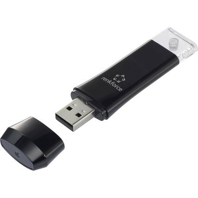A black USB drive with its protective cap removed lies on a light surface.