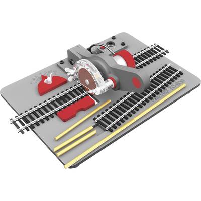 3D rendering of a model-making tool for precision rail processing with various accessories mounted on a grey base.