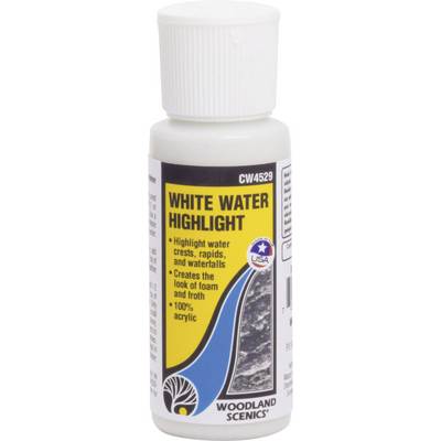 A bottle of 'White Water Highlight' by Woodland Scenics. For emphasising water waves and foam in models, 100% acrylic.