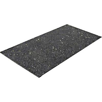 A rectangular, black mat with small, colourful speckles. It could be used as floor covering or a cushioning mat.