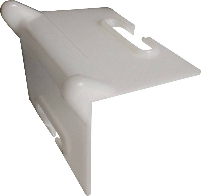 A white plastic component with a rectangular base shape and openings on the sides. Possibly a holder or mounting element.