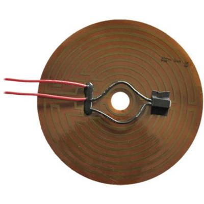 Circular, spiral heating element with two red wires emerging from the centre. Used for heat transfer.