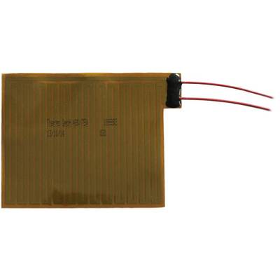 A rectangular, flat heating element with parallel copper strips and two red connecting cables at one end.