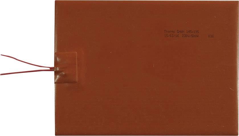 A rectangular, flexible heating element with two red wires on one side, orange in colour.