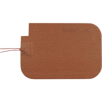 Rectangular, copper-coloured fabric piece with rounded edges, isolated on a white background. Two red cables protrude from the left side.