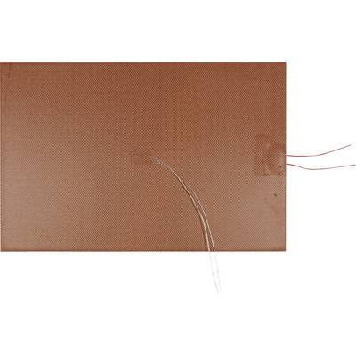 Brown, fabric-like heating pad with integrated wires. Two red wires leading to the right and several silver wires leading downwards.